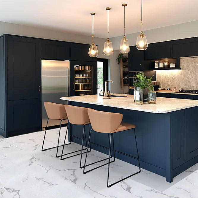 Modern open-plan kitchen diner featuring Brampton Chase Carrera White Stones Marble LVT flooring.