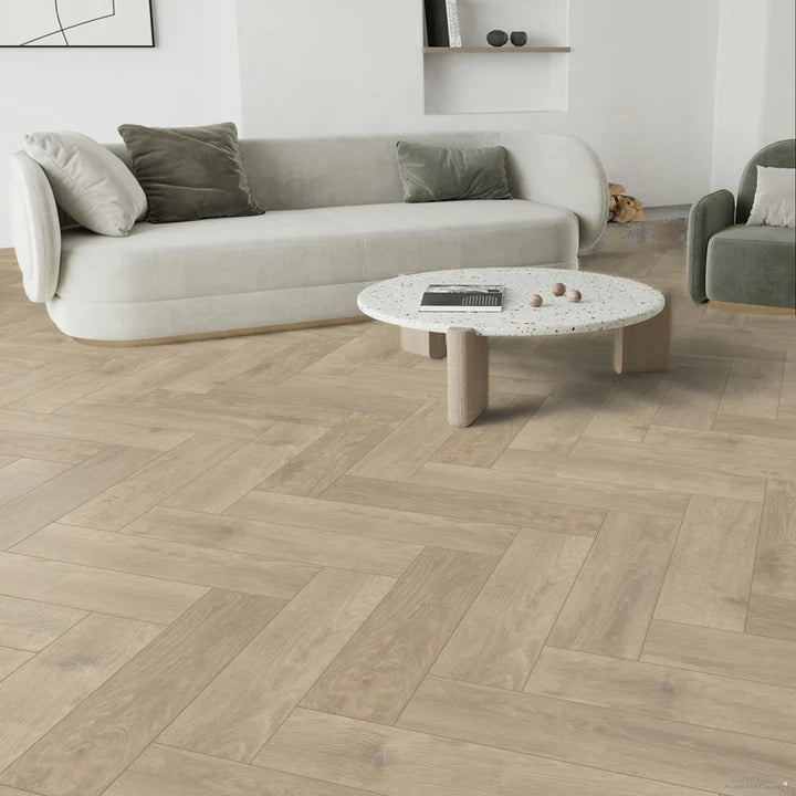 European Oak Herringbone luxury vinyl tile small plank (LVT) with oak-effect design and micro bevel edges.