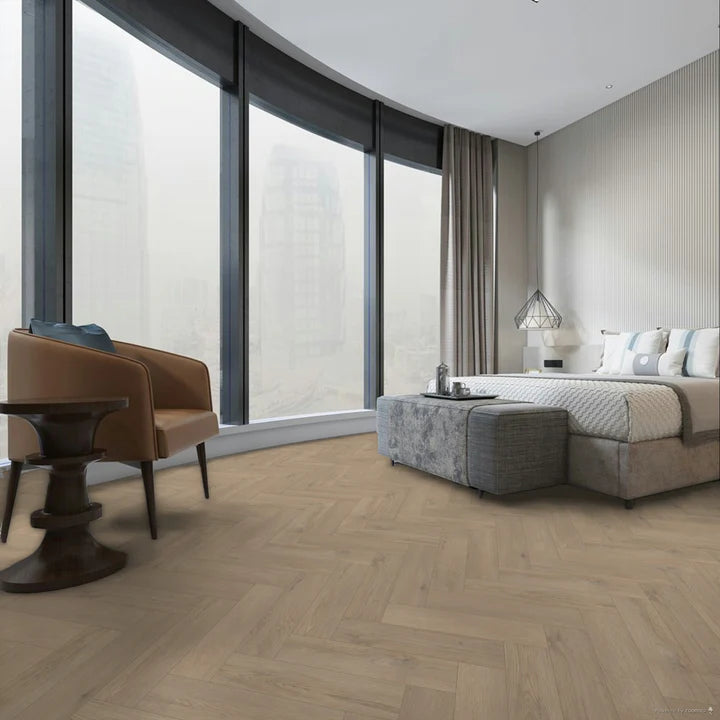 Willow Oak small plank Herringbone LVT with natural oak-effect design and micro bevel edges.