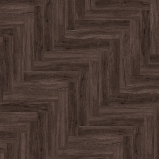 Close-up of Dark Umber Herringbone luxury vinyl tile, ideal for sophisticated interiors.