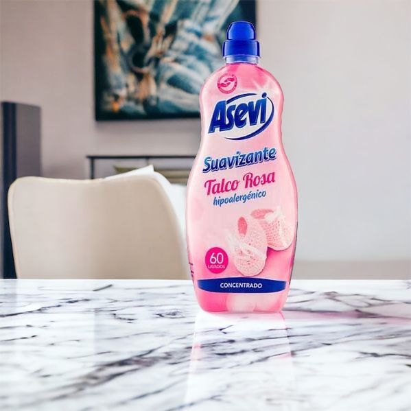 Asevi Fabric Softener Hypoallergenic Talco Rosa 1.5L on a worktop
