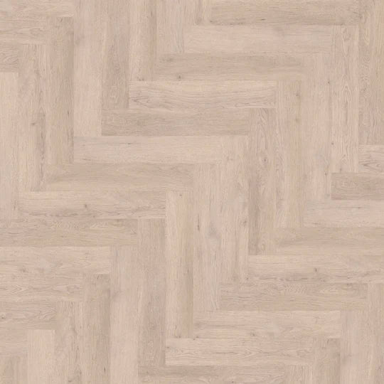 Close-up of Ivory White LVT herringbone pattern, showcasing its elegant and modern design