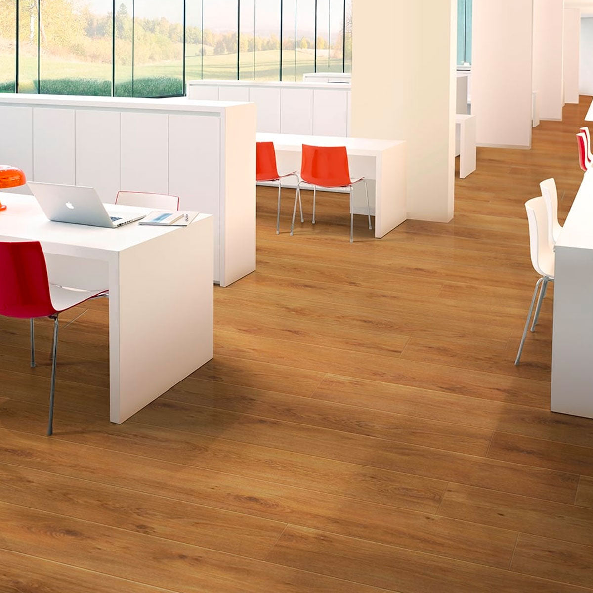 Love AQUA Droplet laminate in a contemporary office spacewith soft beige golden accents.