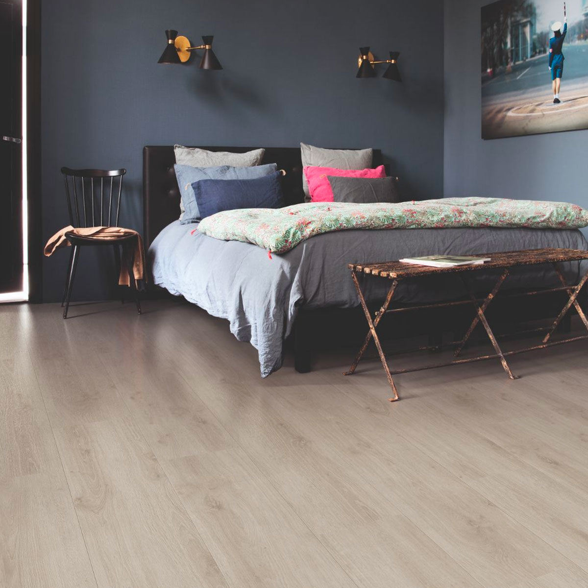 Love AQUA Poolside laminate in a modern bedroom setting.