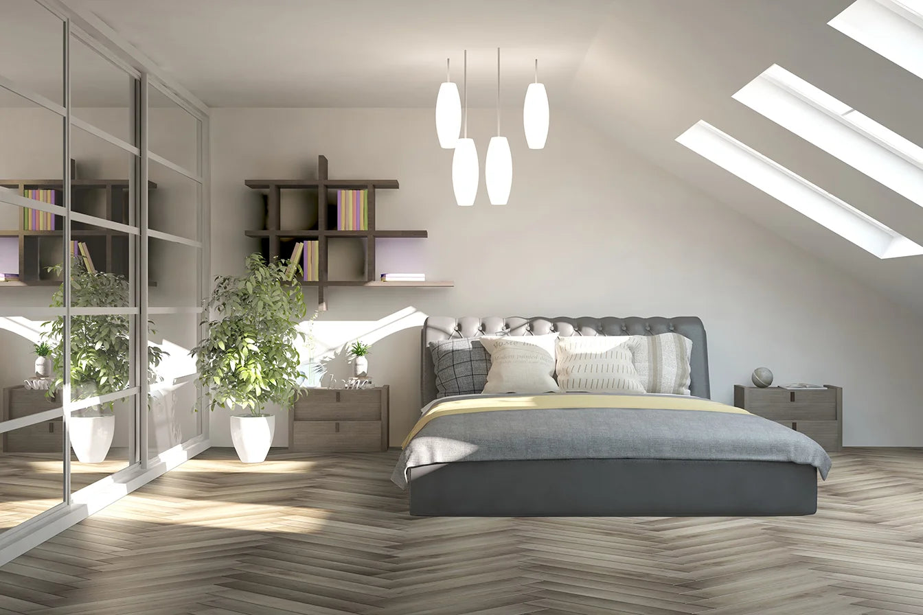 Traditional Misty Elm Luvanto Herringbone flooring lvt in a bedroom