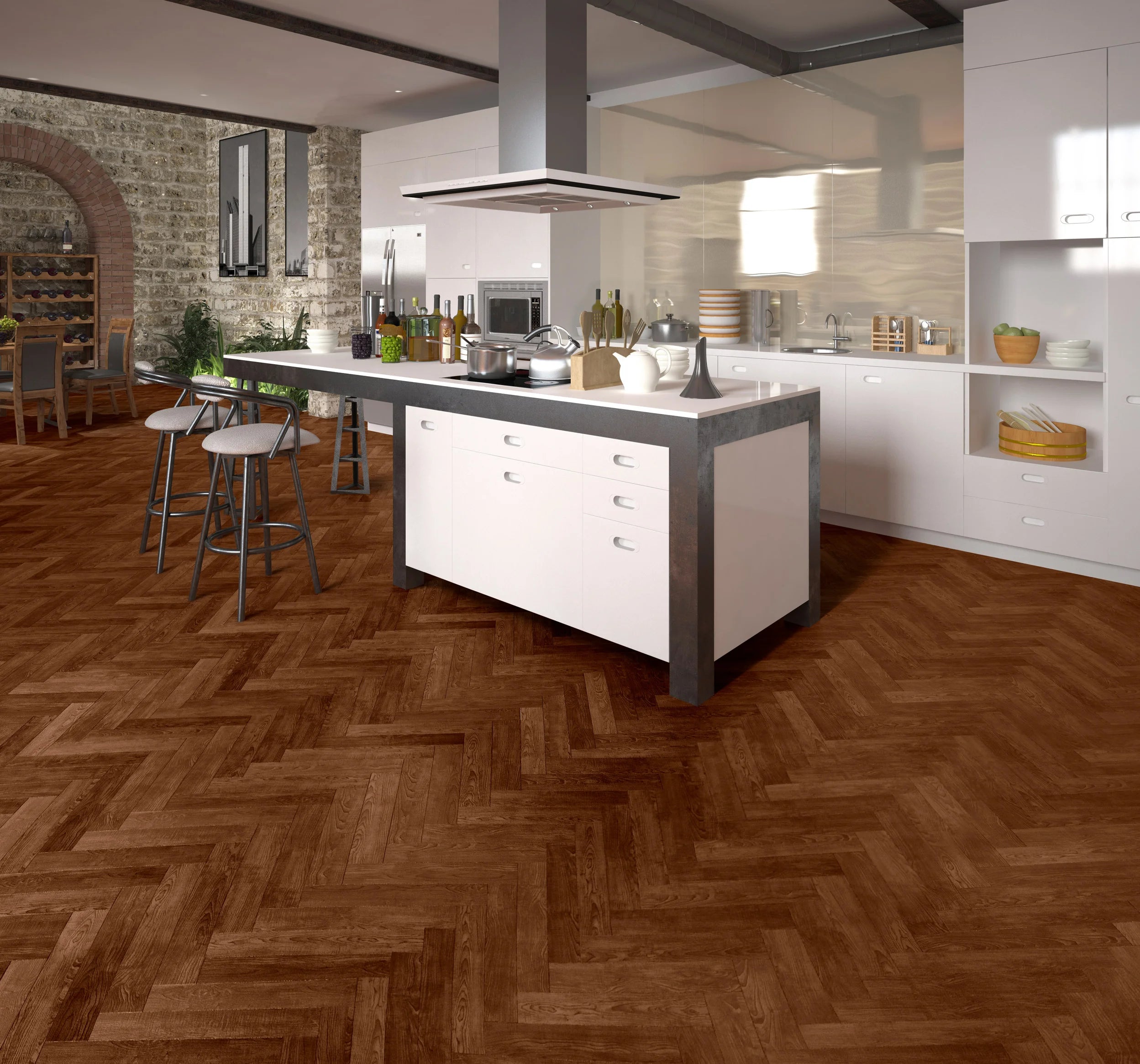 luvanto priory oak medium herringbone lvt in a modern kitchen dining area