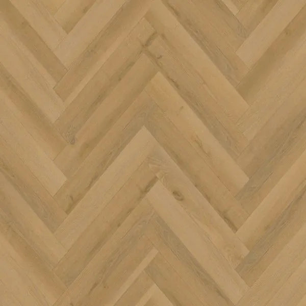 Harvest Oak Herringbone laminate flooring featuring rich oak colours and a textured wood-effect finish.