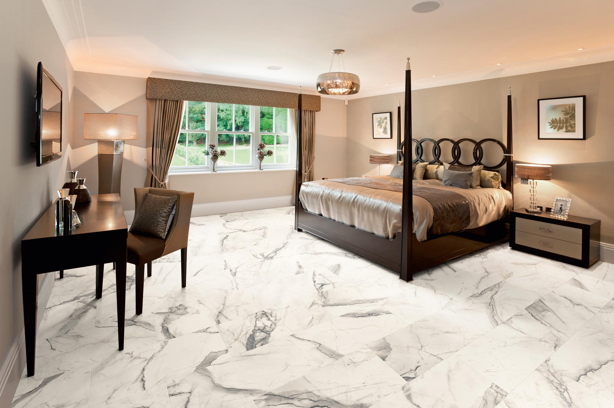 RHINO Evolution LVT in Belgravia Honed White, featuring a bedroom with soft, neutral flooring and contemporary furnishings.