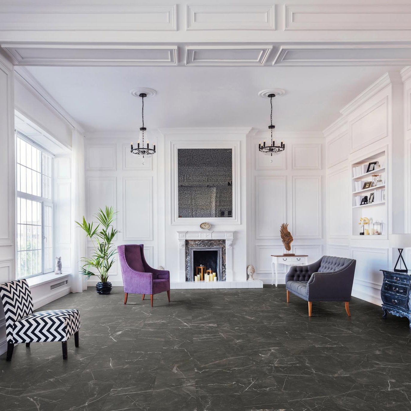 RHINO Evolution LVT in Canterbury Honed Black, displayed in a living room with contemporary furnishings and deep black stone effect flooring.