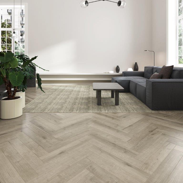 Feather Grey laminate flooring with a sleek, light grey wood-effect finish